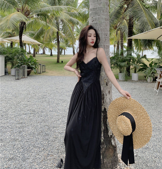 French Style Black Spaghetti Strap Dress High Waist Retro Long Skirt 386