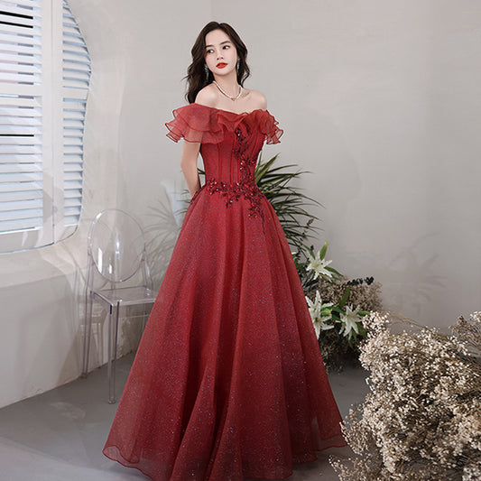 Off Shoulder A Line Shiny Prom Dress Burgundy Formal Evening Party Gown 628