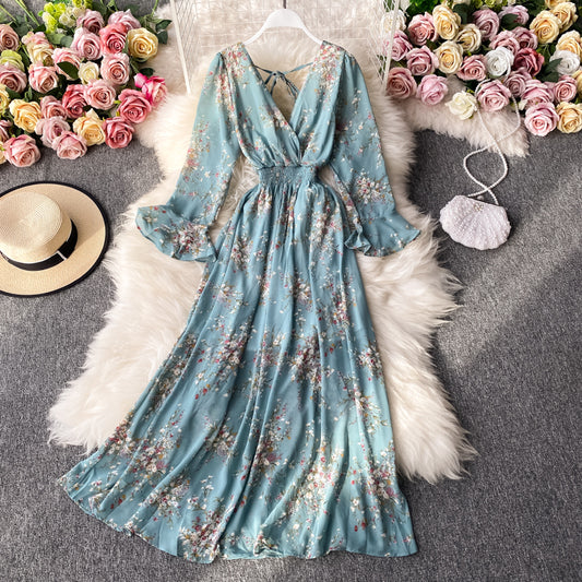 V-neck High Waist Floral Dress Fairy Big Swing Long Skirt 855