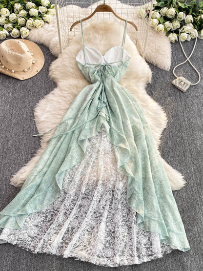 Mint Green Spaghetti Strap Dress Fairy Holiday Backless Long Dress  L48