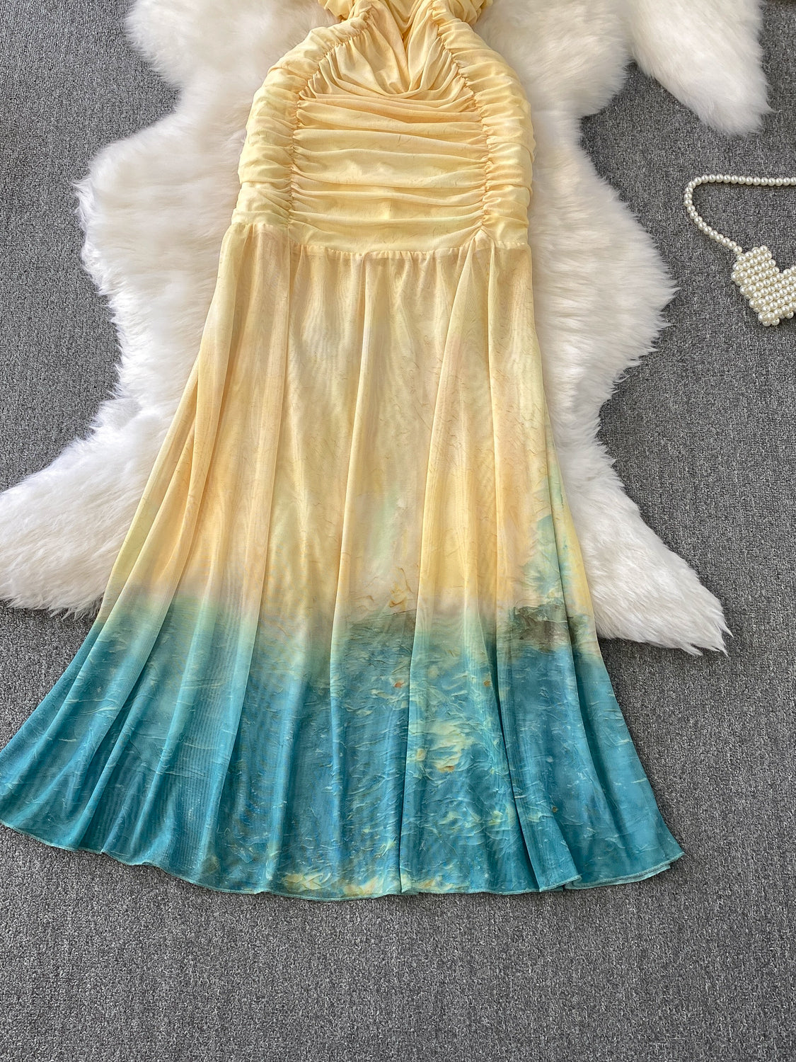 Gradient Spaghetti Strap Dress Summer Pleated Mermaid Long Skirt L56