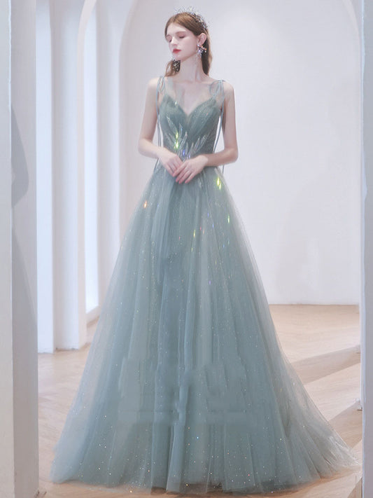 Light Green Tulle Prom Dress A Line Fairy Formal Party Dress 689