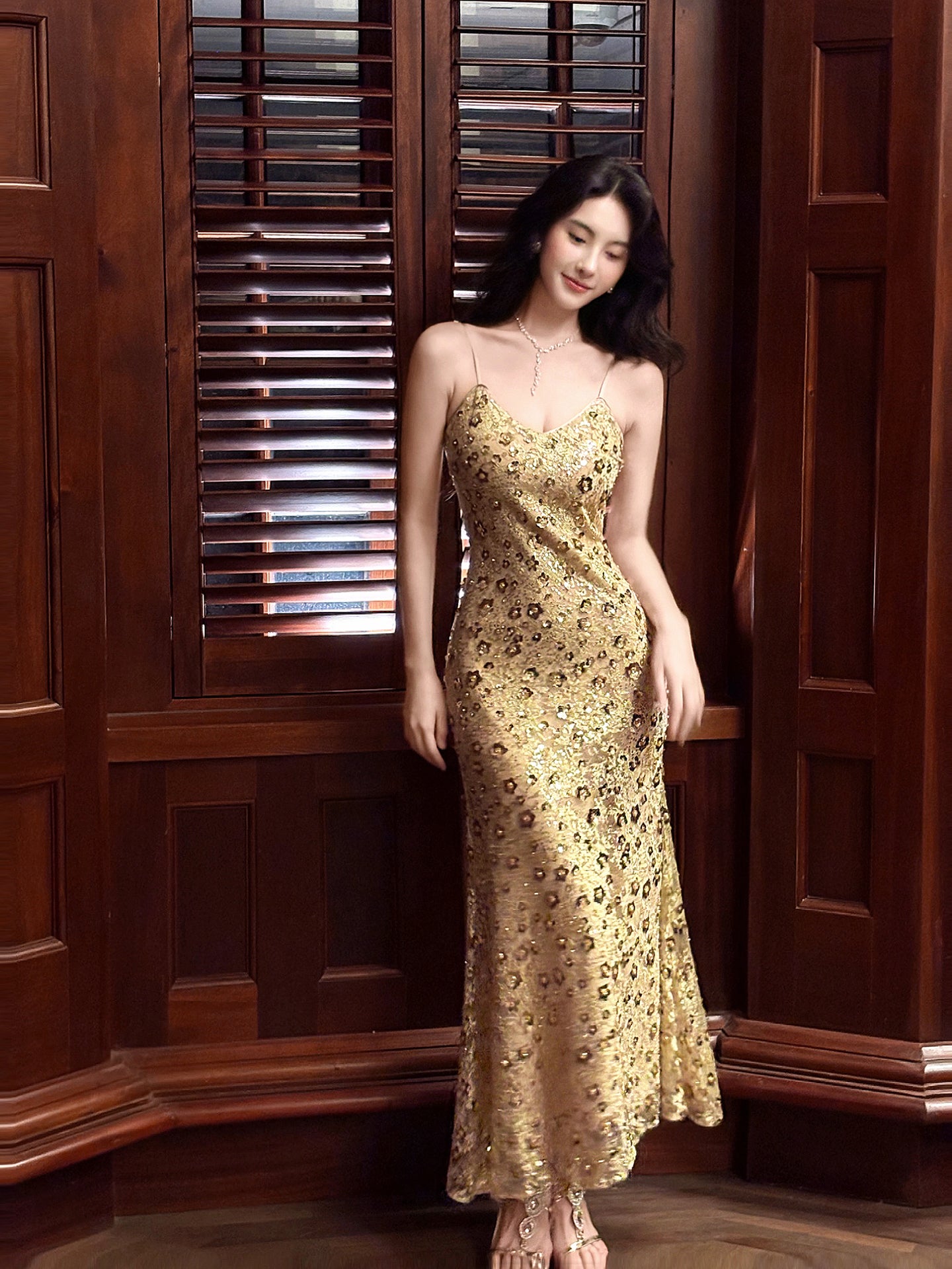 Robe de bal sexy à paillettes dorée élégante, robe sirène moulante L81