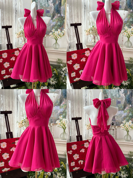 V-neck Bow Knot Halter Short Dress Homecoming Dress L70