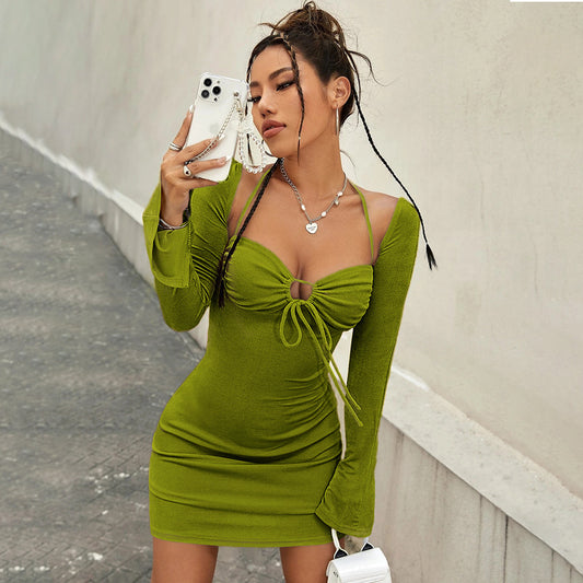 Slit Open Back Long Sleeve Package Hip Dress 828