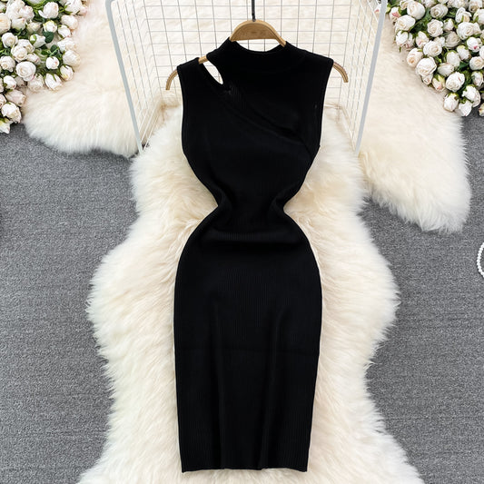 2023 Sexy Stand Collar Off Shoulder Slim Sleeveless Knitted Dress 284