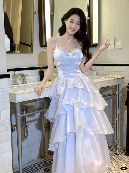 Spaghetti Strap Blue A-Line Formal Dress Layered Prom Dress L76