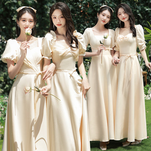 Champagne Satin Bridesmaid Dress Simple Long Evening Dress Formal Party Gown 530