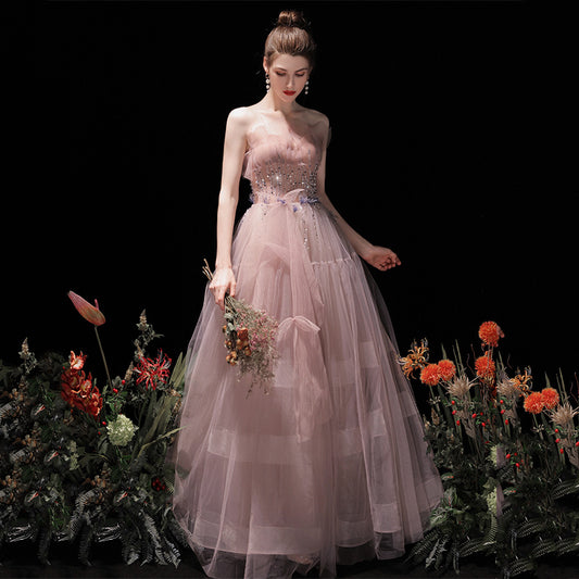 Pink Strapless A Line Tulle Prom Dress Beading Long Formal Evening Gown 295