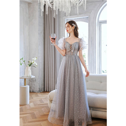 Cute Gray Puff Sleeves Long Prom Dress A Line Tulle Formal Evening Gown 227 - JulyProm