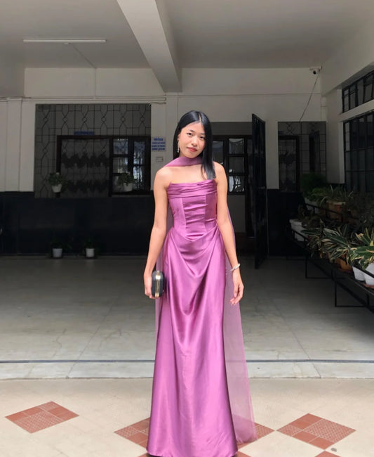 Strapless Satin Fuchsia Prom Dress Formal Party Dress Wedding Guest Dress J7014