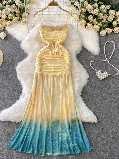 Gradient Spaghetti Strap Dress Summer Pleated Mermaid Long Skirt L56