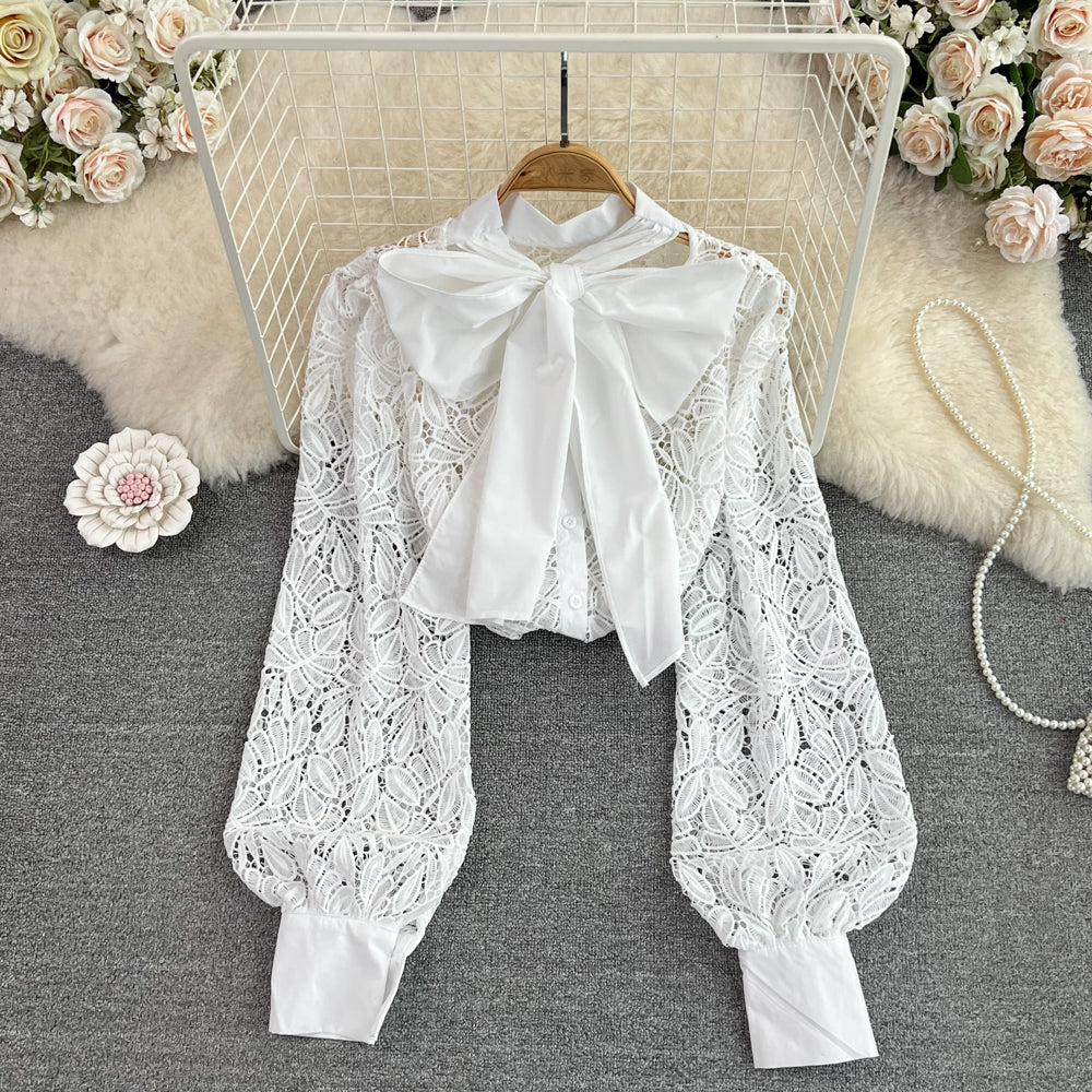 Long Sleeve Bow Knot Loose Lace Blouse Top 335