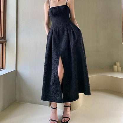 French Retro Black Dress with Slits Spaghetti Strap Summer Dress 814