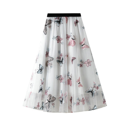 Embroidered Butterfly Mesh Skirt New High Waist Mid Length Fairy Swing Skirt 765