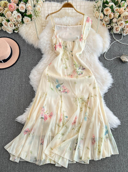 Spaghetti Strap Floral Apricot Dress Summer Chiffon Long Skirt  L61