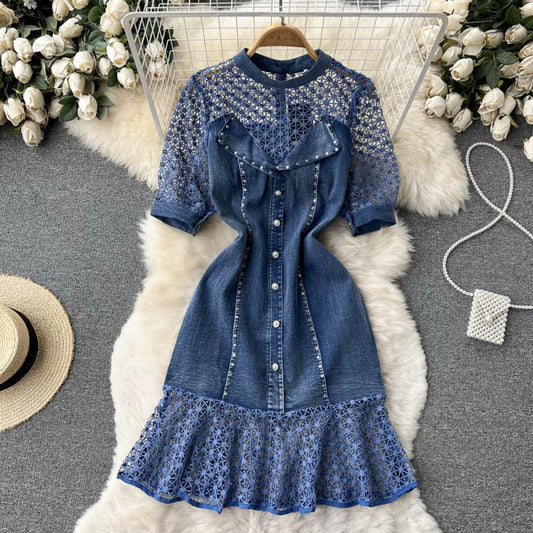 Beaded Round Neck Lace Stitching Denim Mermaid Dress Short Sleeves  370