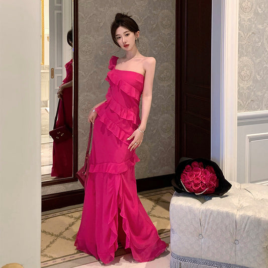 French One Shoulder Dress Women 2023 Summer New Rose Red Slit Long Dress 371