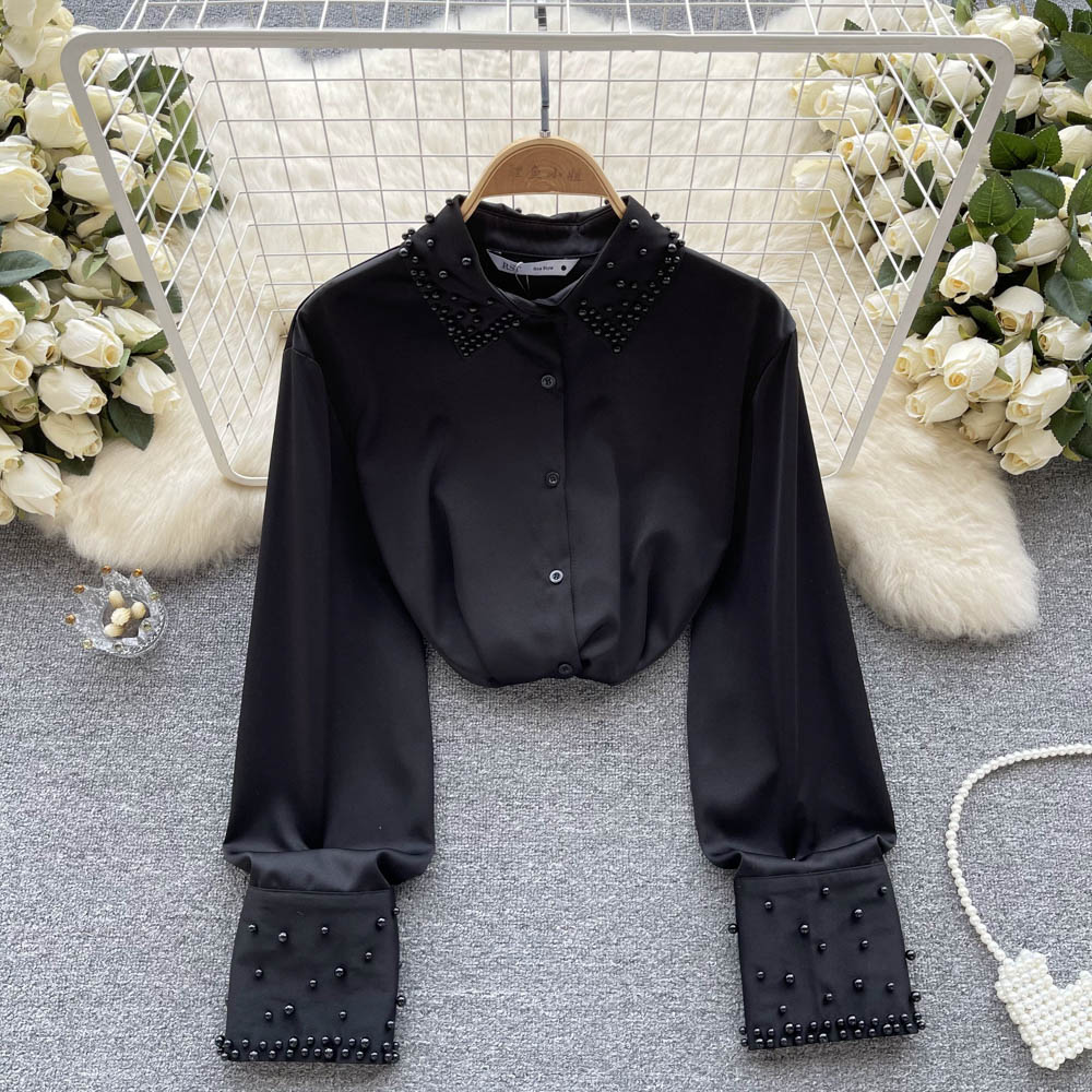 2023 Spring New Beaded Chiffon Shirt Women's Satin Long-sleeved French Shirt 336