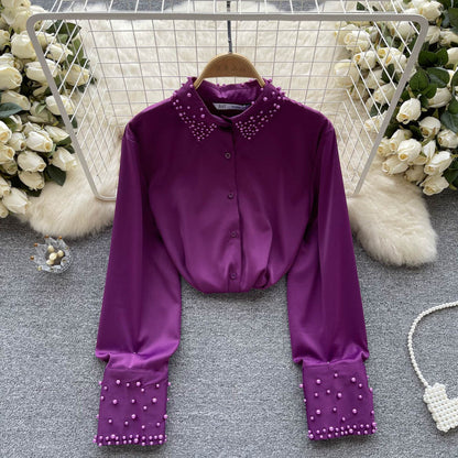 2023 Spring New Beaded Chiffon Shirt Women's Satin Long-sleeved French Shirt 336