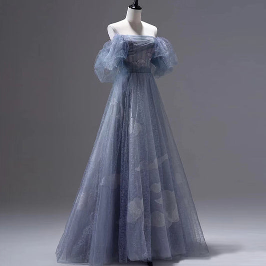 Blue Off Shoulder Tulle Long Prom Dress A Line Formal Evening Party Gown 321