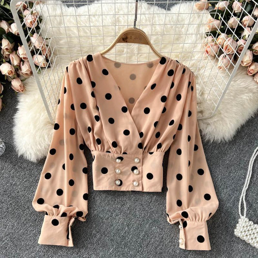 French Big Polka Dot Shirt Women's Retro Puff Sleeve Short Top Women's Spring 462