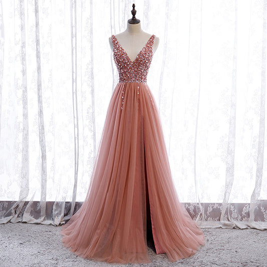 V Neck Sequins A Line Long Prom Dress Pink Tulle Prom Dress with Slit 509