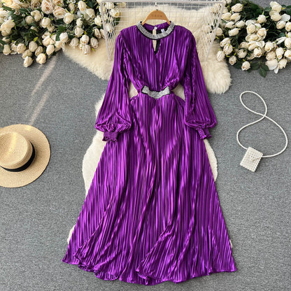 Spring and Autumn French Long-sleeved Dress Women's Pleated Satin Dress 479