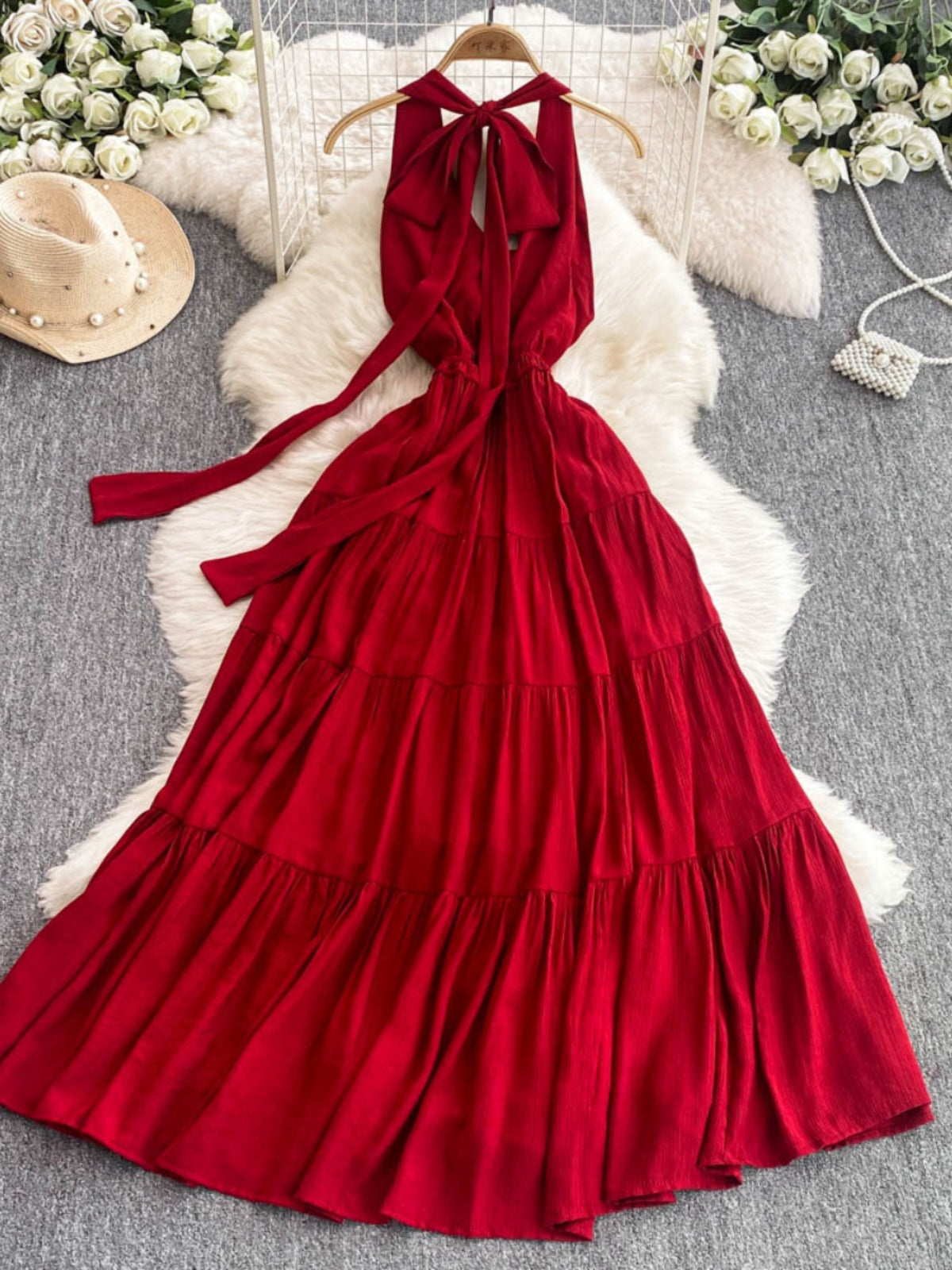 Sleeveless Halter Dress Backless  Ruffled  Dress L52