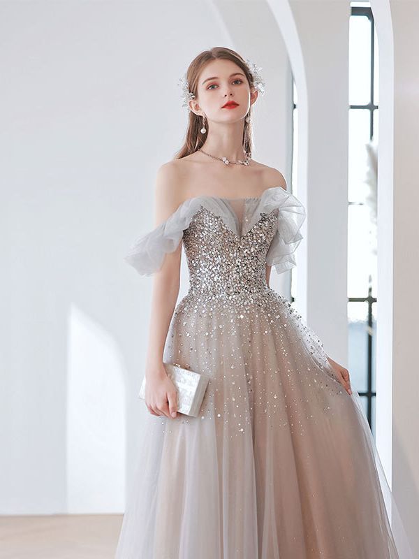 Off Shoulder Gray Sequins Long Prom Dress A Line Tulle Formal Evening Gown 305