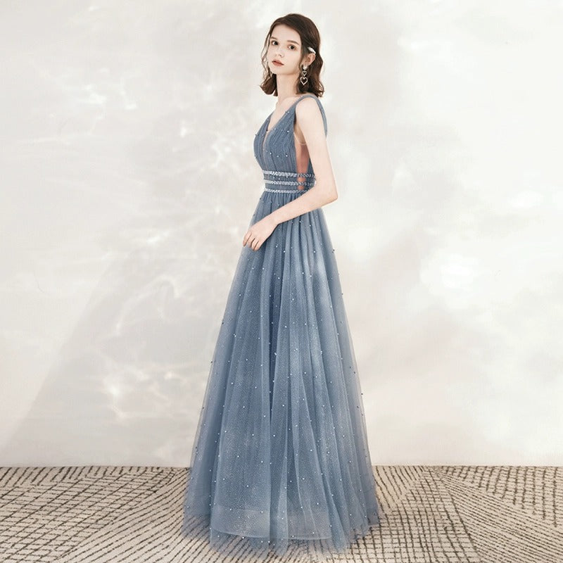 V Neck Blue Tulle Prom Dress A Line Formal Evening Party Dress 688