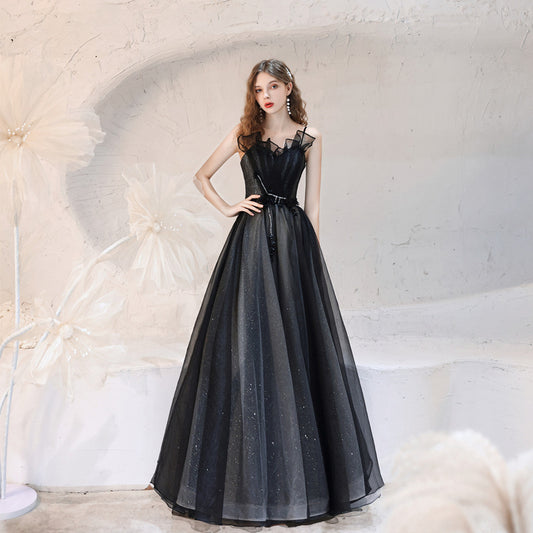 Black Tulle Long Prom Dress Spaghetti Strap Evening Gown Formal Party Dress 147 - JulyProm