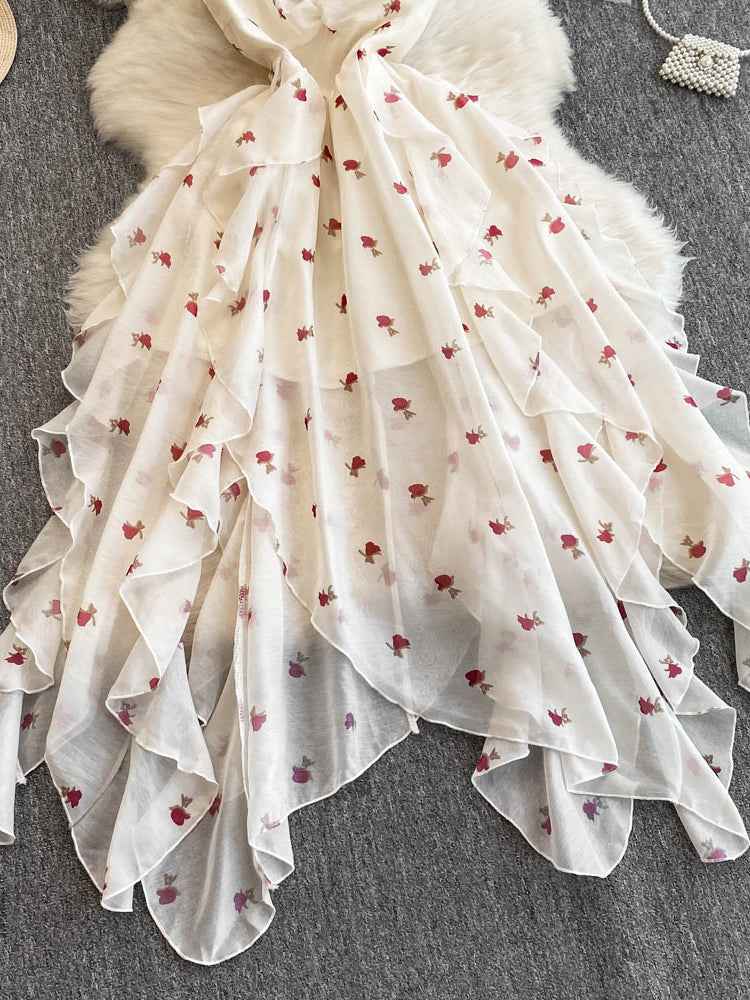 Sleeveless Sweet Dress Irregular Ruffle Print Spaghetti Strap Long Dress L52