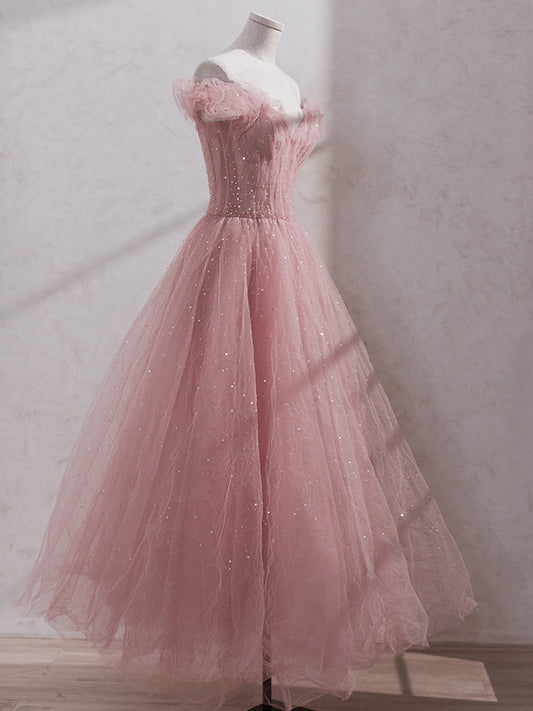 Pink Tulle Fairy Long Prom Dress Off Shoulder Sweet Evening Gown 580