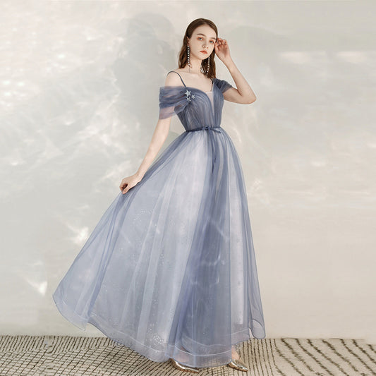 Off Shoulder Blue Tulle Prom Dress A Line Birthday Party Gown 709