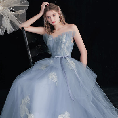 strapless blue tulle prom dress a line long evening dress party dress 162 - JulyProm