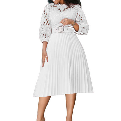 Summer Plus Size Lace Crochet Hollow Pleated Dress 1907