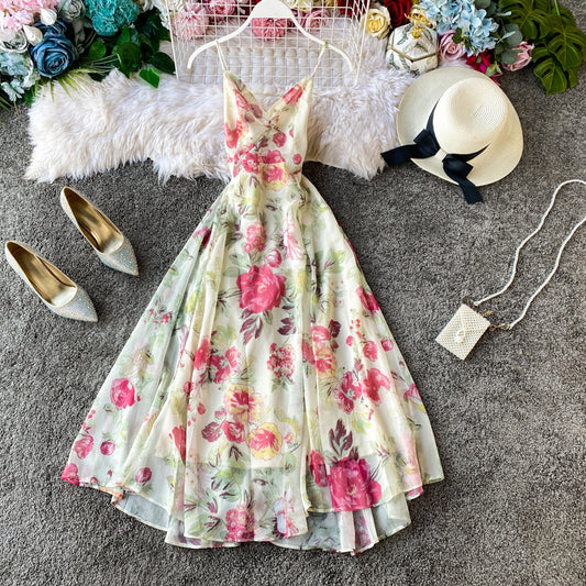 V-neck Floral Chiffon Dress Summer Spaghetti Strap Long Skirt  438