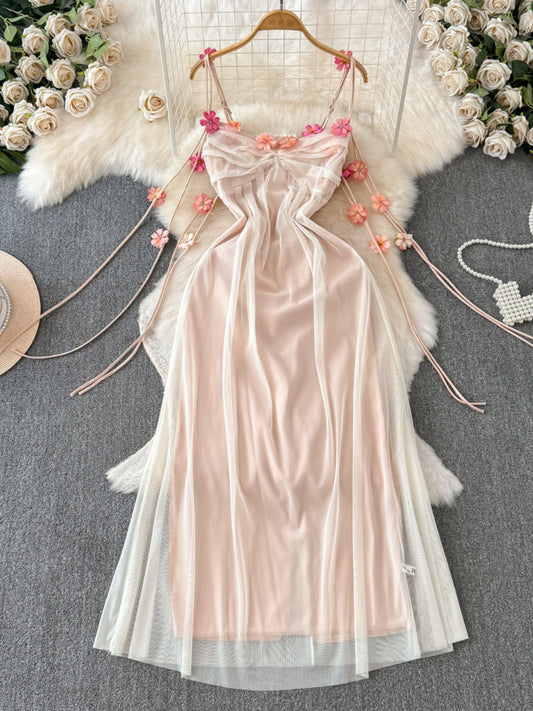 Mesh Spaghetti Strap Dress Summer A-line Long Skirt  L59