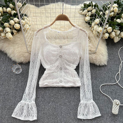 Women  Lace See-through Trumpet Sleeve Sexy Top 484