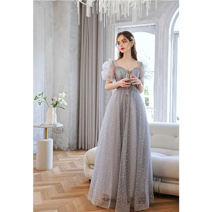 Cute Gray Puff Sleeves Long Prom Dress A Line Tulle Formal Evening Gown 227 - JulyProm