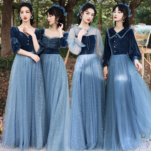 Blue Tulle Velvet Bridesmaid Dress Long Evening Dress Formal Party Gown 525