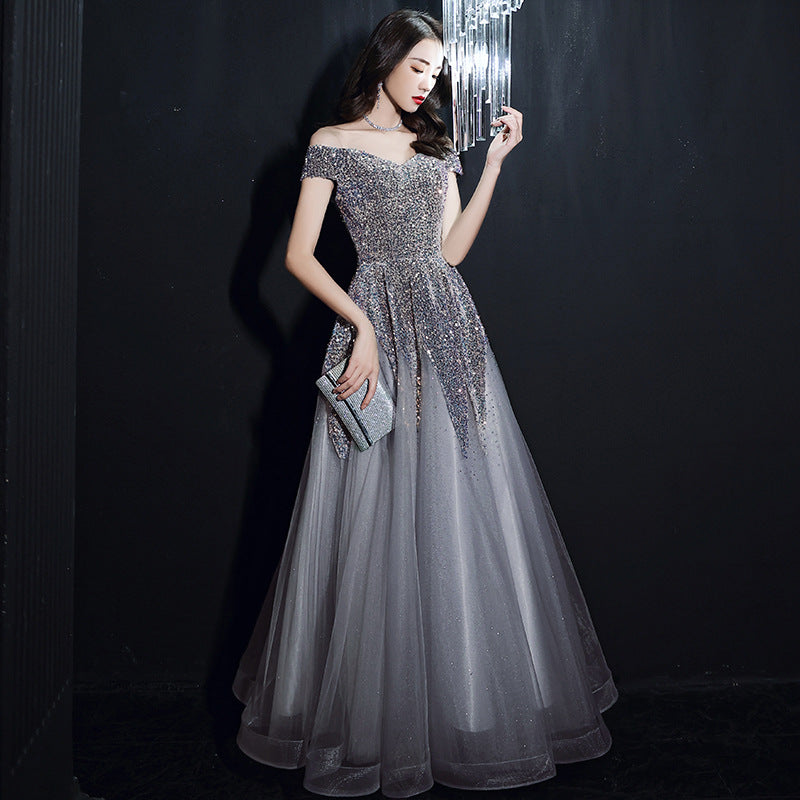 Off Shoulder A Line Prom Dress Sequins Tulle Evening Formal Gown 671