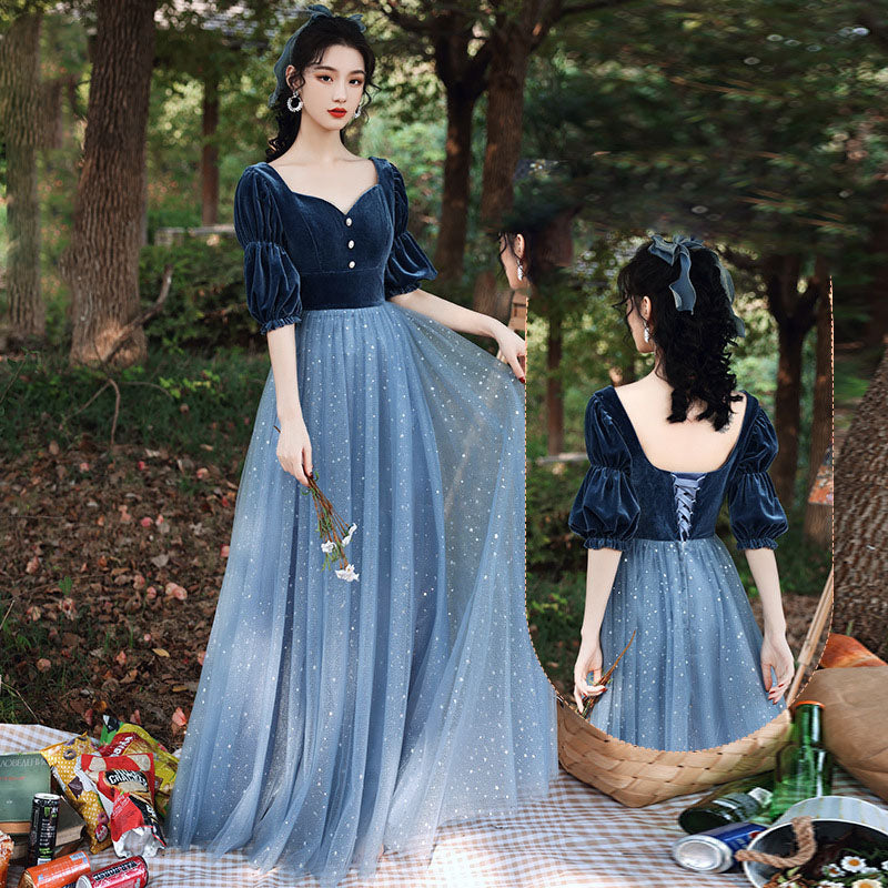 Blue Tulle Velvet Bridesmaid Dress Long Evening Dress Formal Party Gown 525