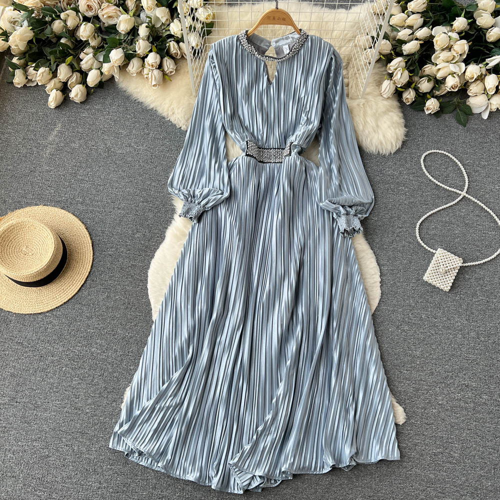 Spring and Autumn French Long-sleeved Dress Women's Pleated Satin Dress 479