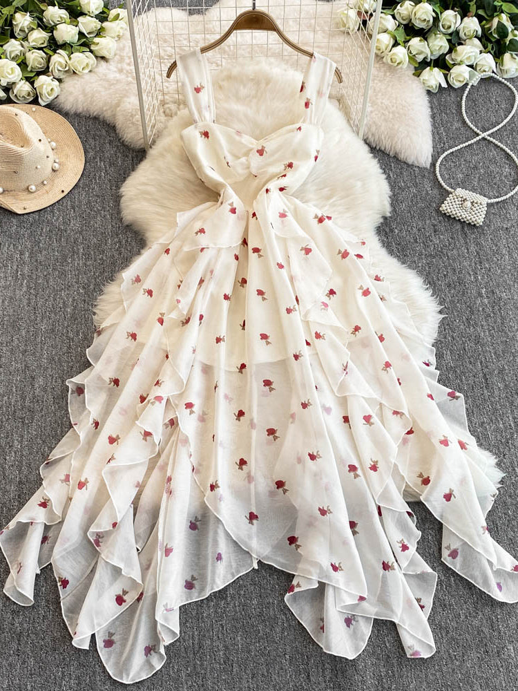 Sleeveless Sweet Dress Irregular Ruffle Print Spaghetti Strap Long Dress L52