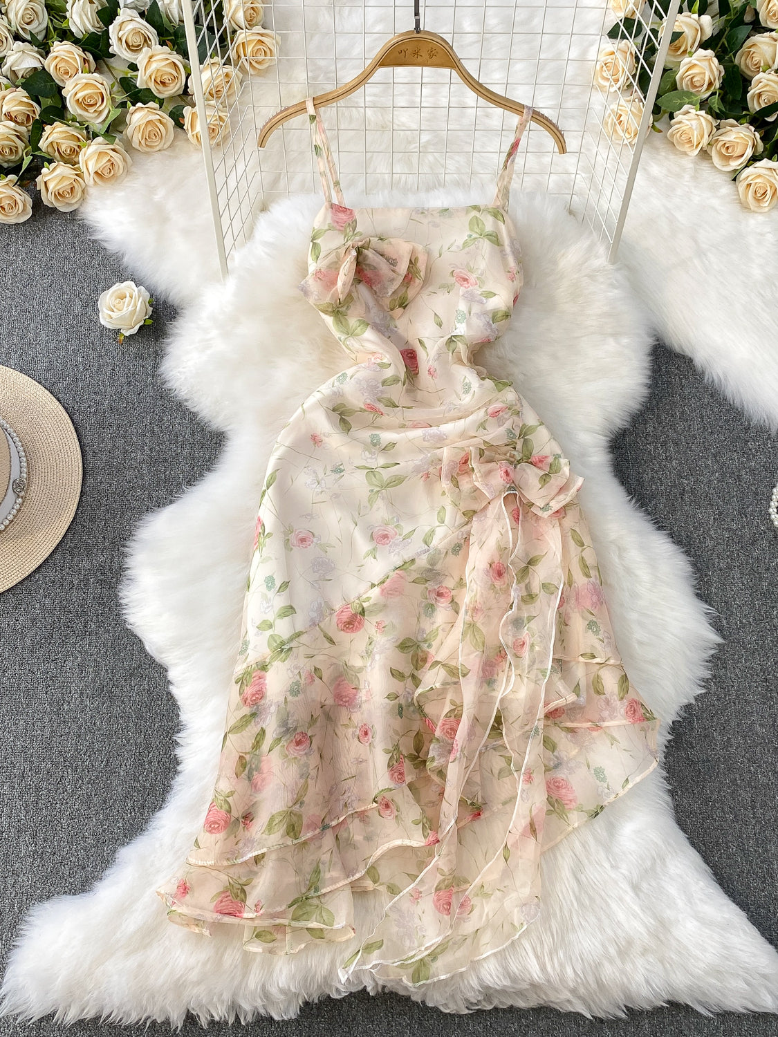 Printed Spaghetti Strap Dress Summer Irregular Fairy Skirt L62