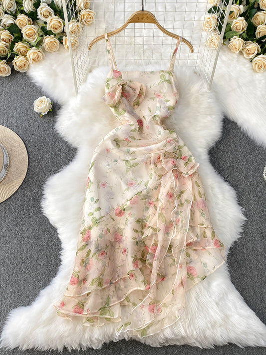 Printed Spaghetti Strap Dress Summer Irregular Fairy Skirt L62