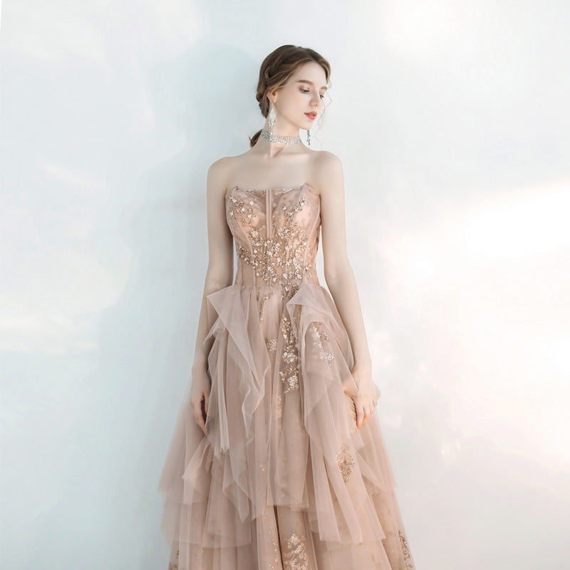 Champagne Pink Tulle Prom Dress Strapless Long Evening Dress Formal Party Dress 128 - JulyProm