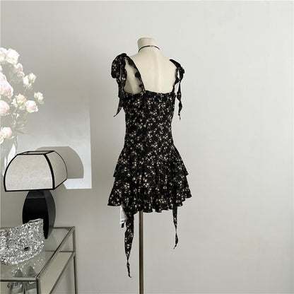 Black Floral Suspender Skirt Summer Dress L29